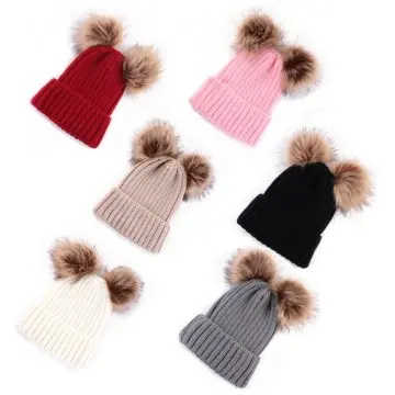 Womens Winter Hat Knit Beanie Double Faux Fur Pom Pom Ears